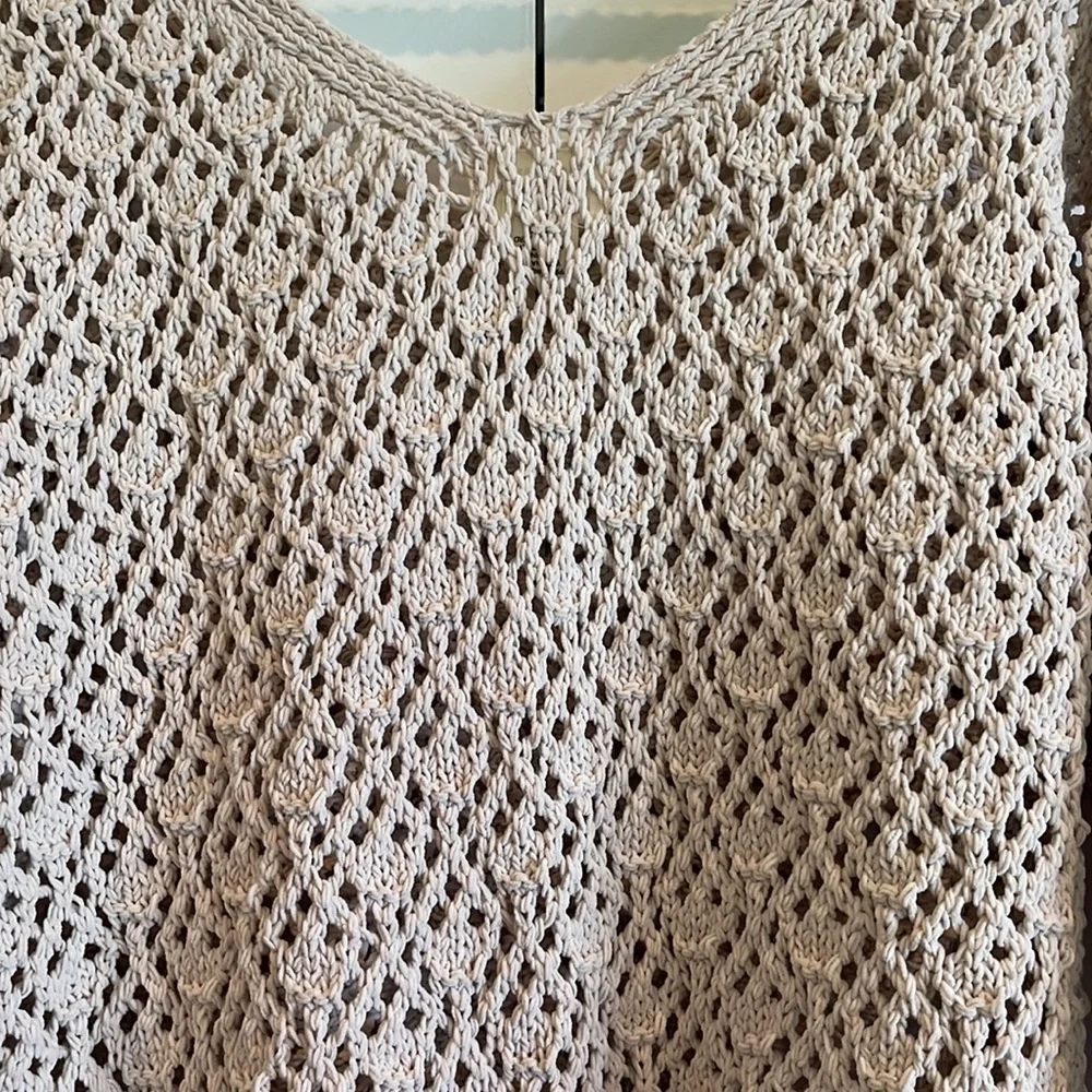 Artelier by Nicole Miller Open Chunky Knit Crochet Sweater Off Shoulder V Neck